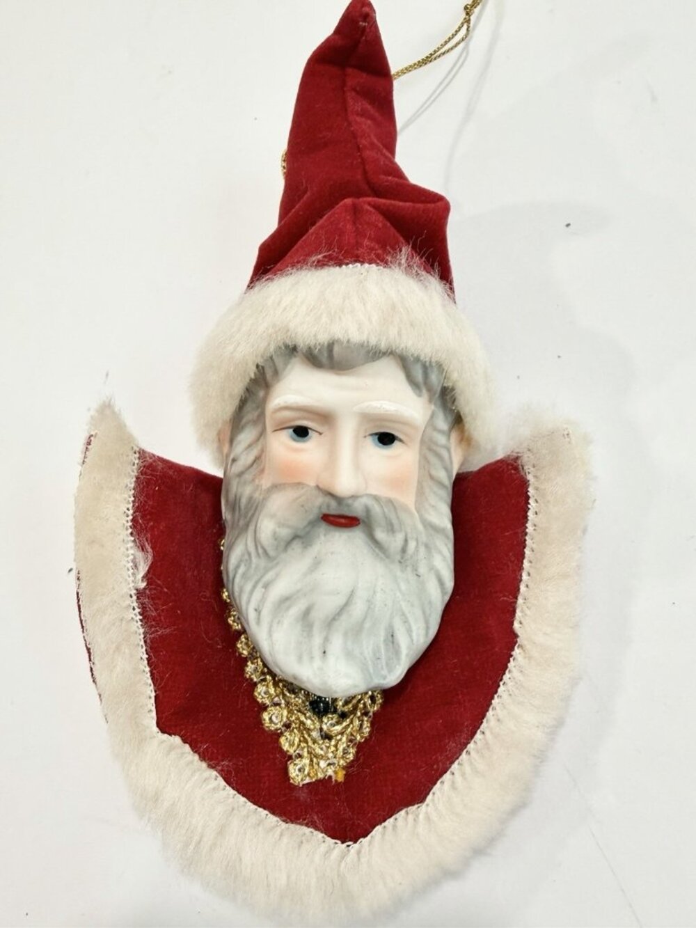 Santa Claus Porcelain Face Red Velvet 6” Christmas Ornament Faux Fur Victorian